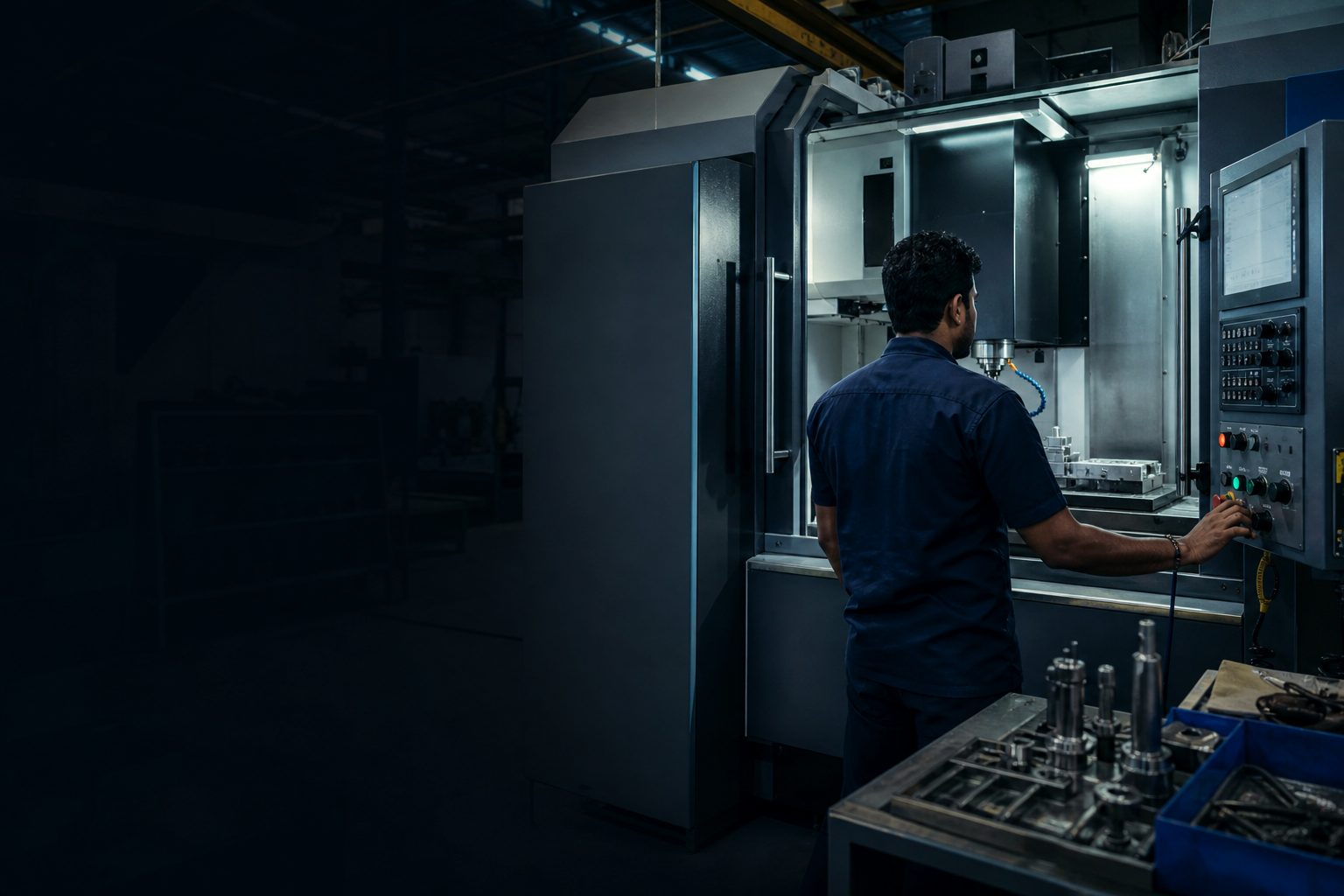 CNC machine bay under workshop lighting