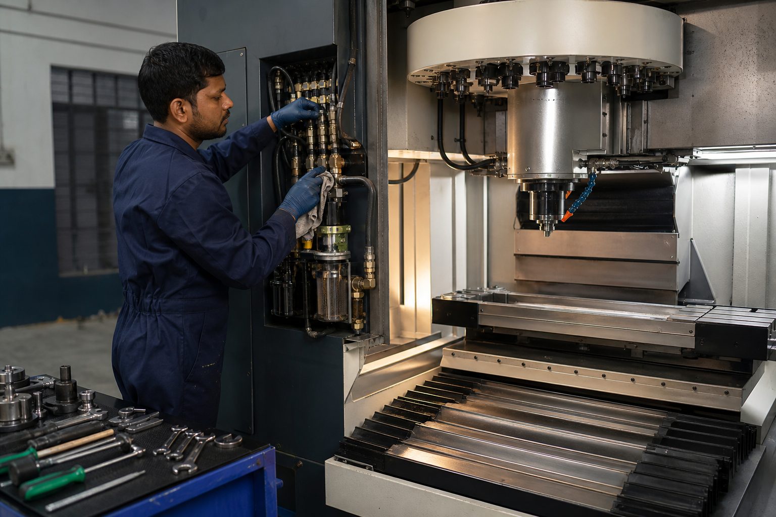Preventive maintenance inspection in a CNC workshop