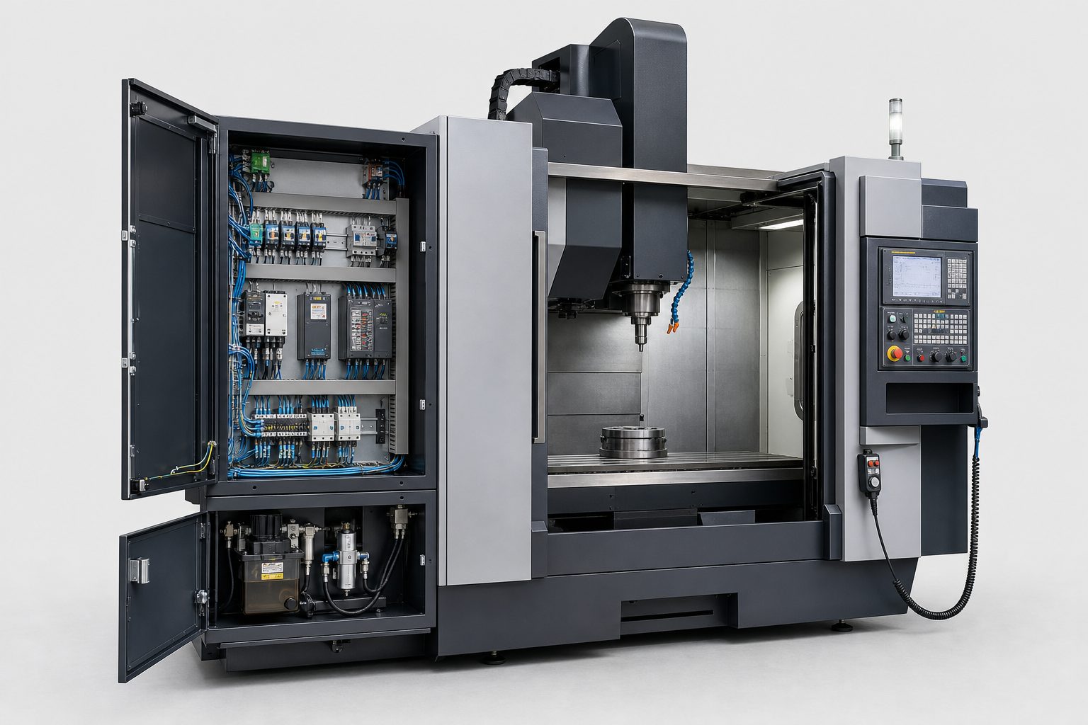 Open CNC machine enclosure during inspection